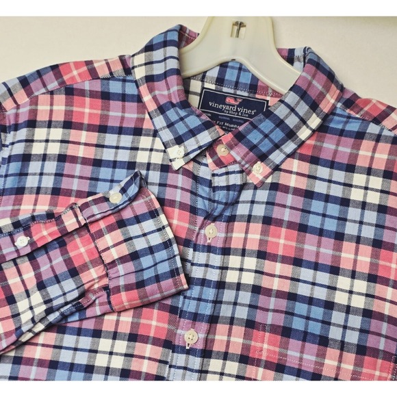 Vineyard Vines Other - Vineyard Vines Shirt Men's Medium Plaid Slim Fit Murray Button Blue & Pink